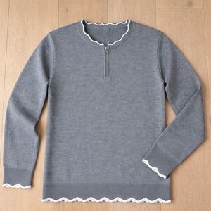 Gray Women's Sweater with Scalloped Edges and 1/4 zip - Size Large